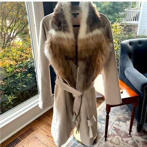Alfani Faux Fur Coat 1x Beige Mid Length Lined Neutral Belted Taupe Wrap Jacket